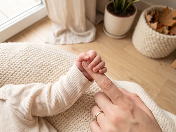 Dłoń dorosłego, za której palec trzyma się maleńka rączka niemowlęcia na kremowym kocyku