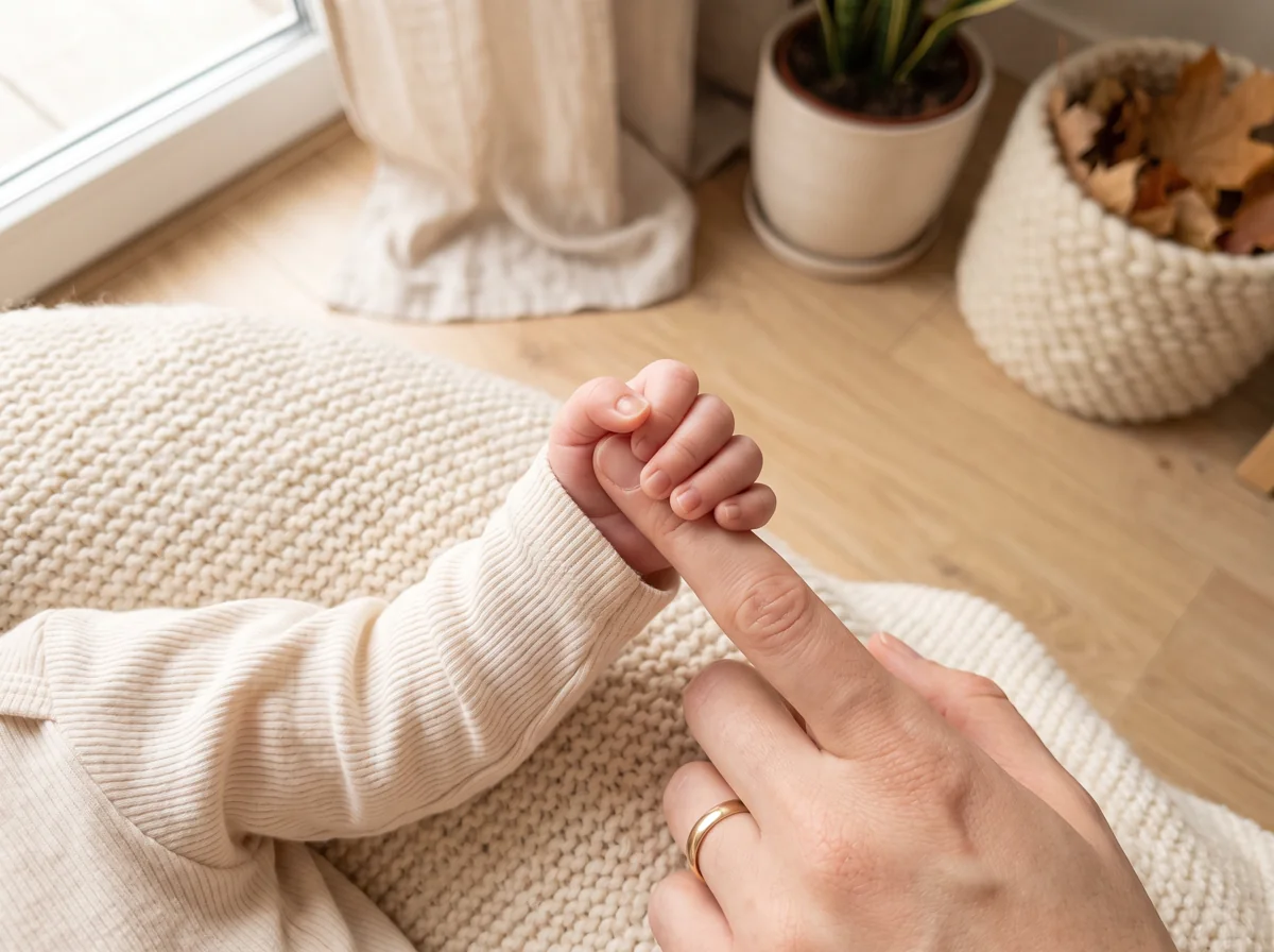 Dłoń dorosłego, za której palec trzyma się maleńka rączka niemowlęcia na kremowym kocyku