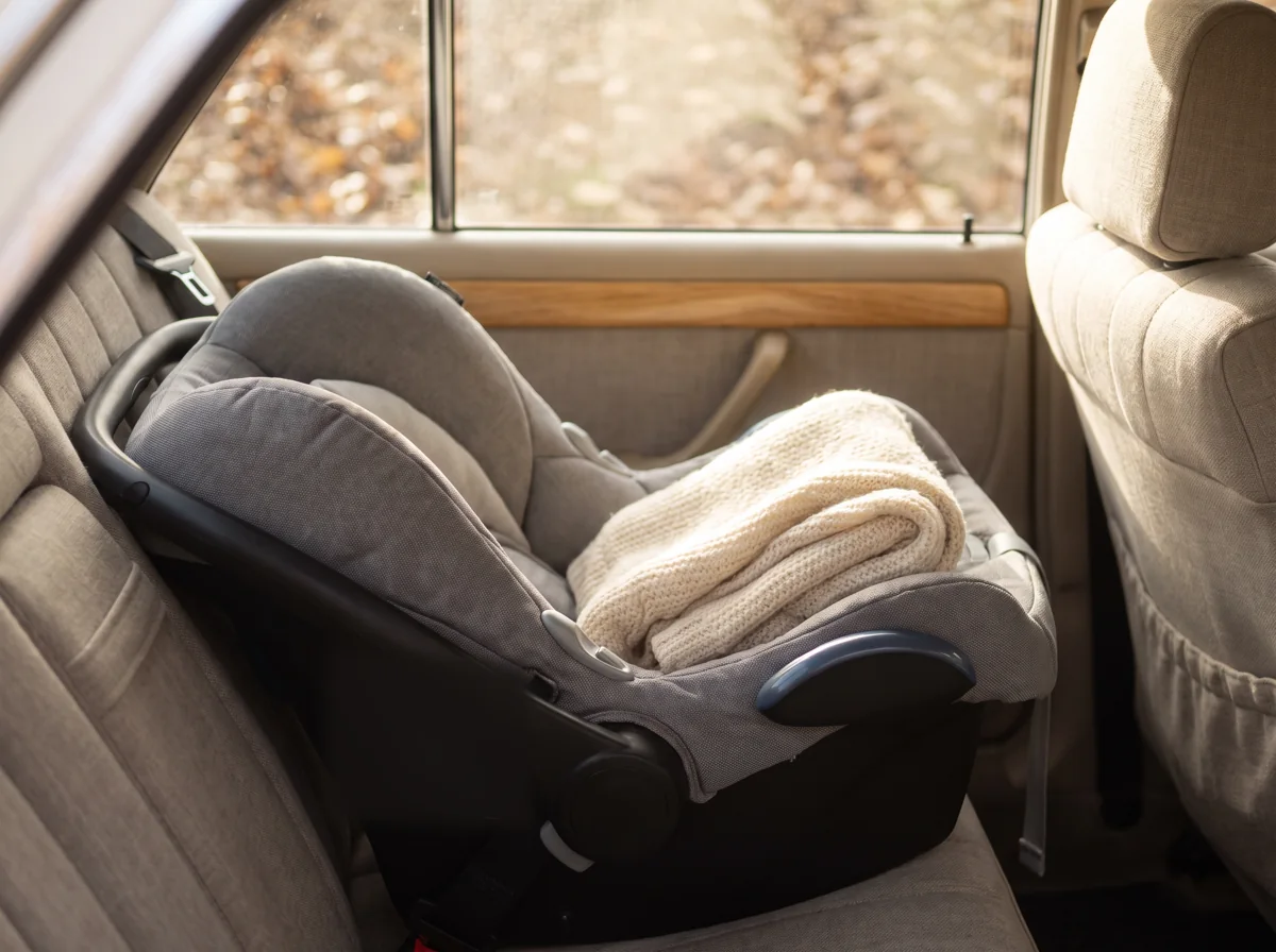 Pusty fotelik-nosidełko z kremowym kocykiem na tylnej kanapie samochodu