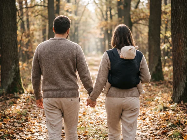 Para od tyłu na leśnej ścieżce jesienią, mama niesie dziecko w nosidle na plecach