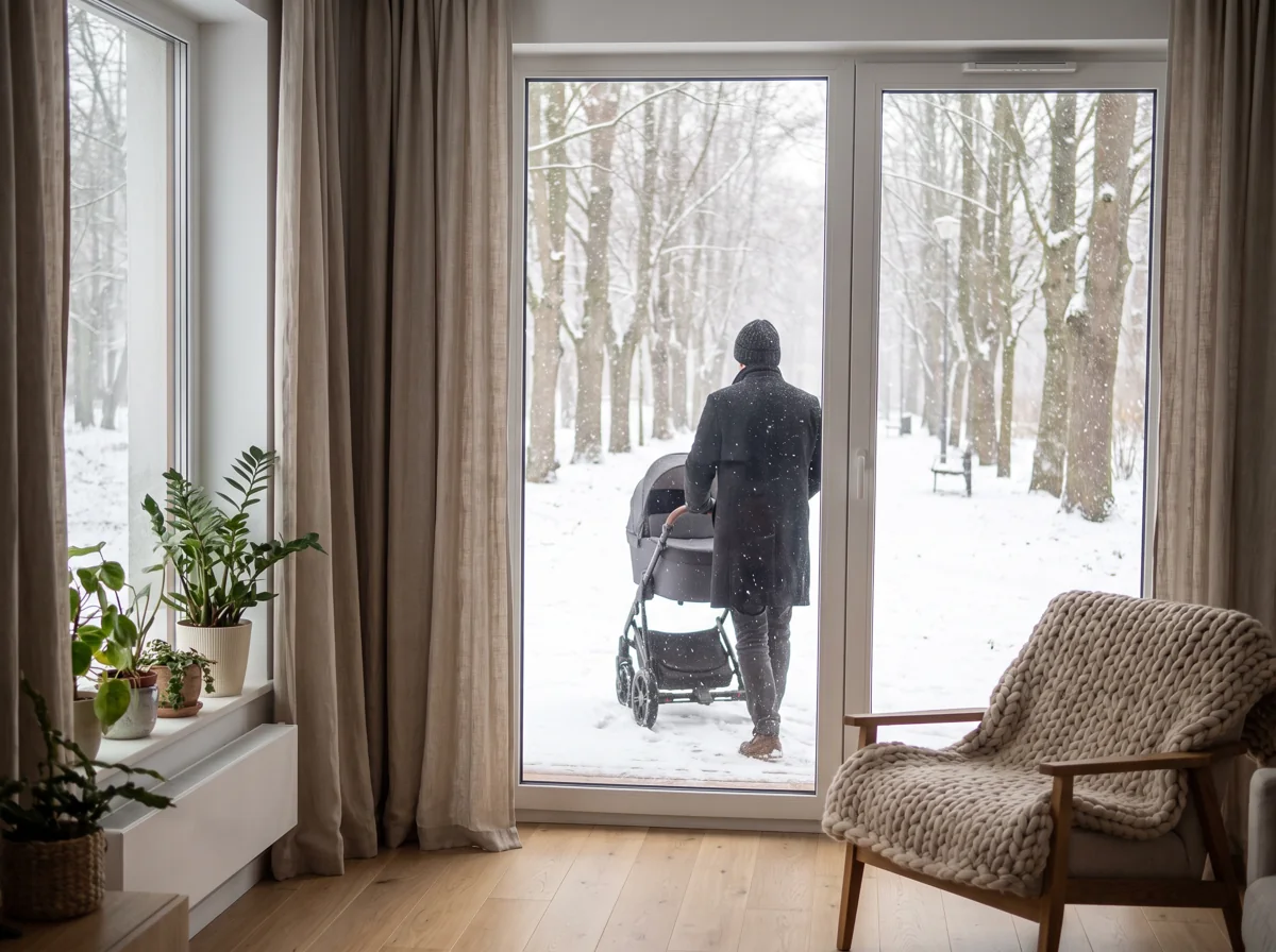 Widok przez okno na rodzica, który pcha wózek ośnieżoną alejką w parku
